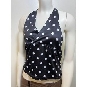 Black and White Polka Dot Halter Top Twist Front Surplice V-Neck Retro‎ Blouse